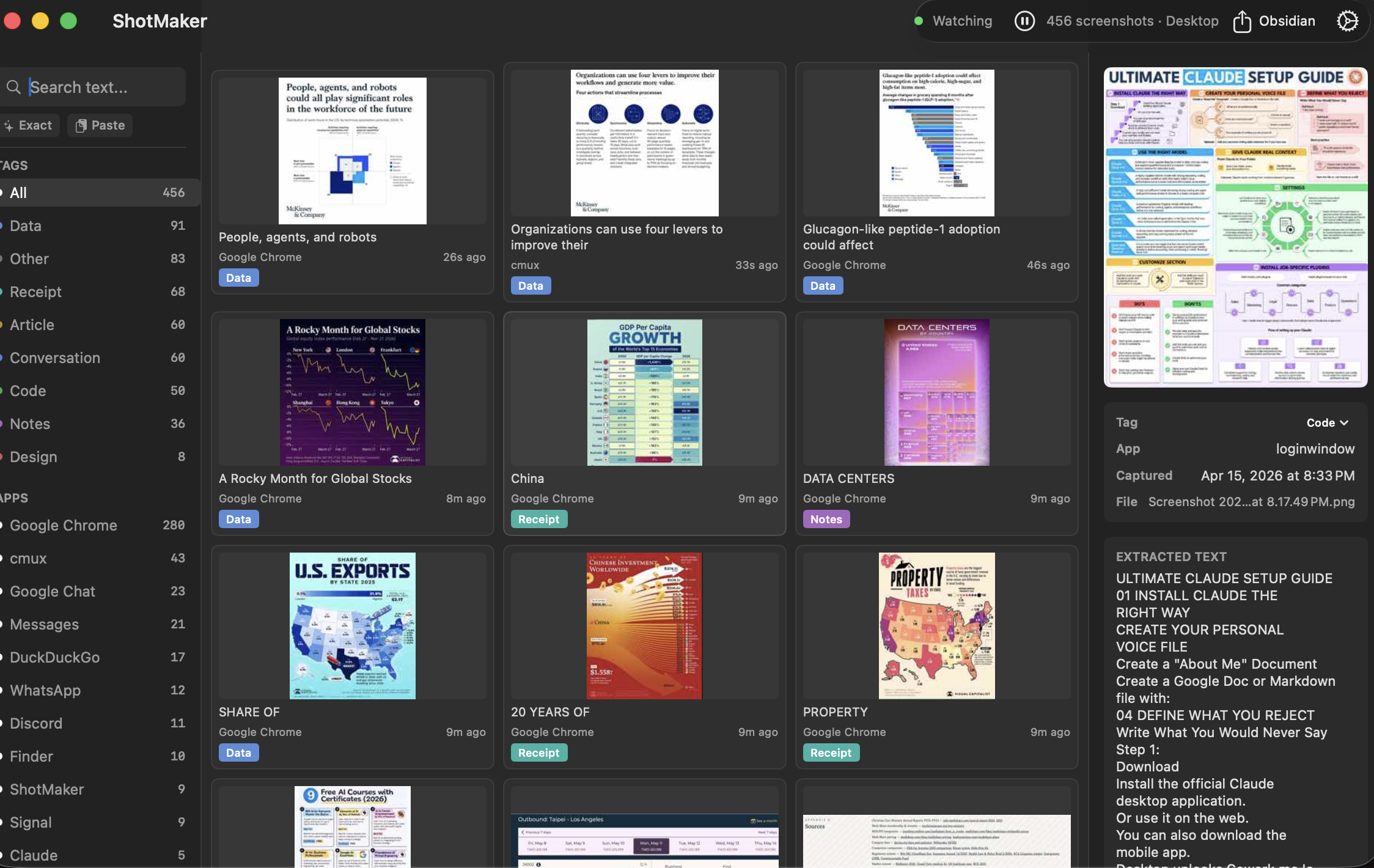 ShotMaker — 456 screenshots indexed, searchable by tag and app